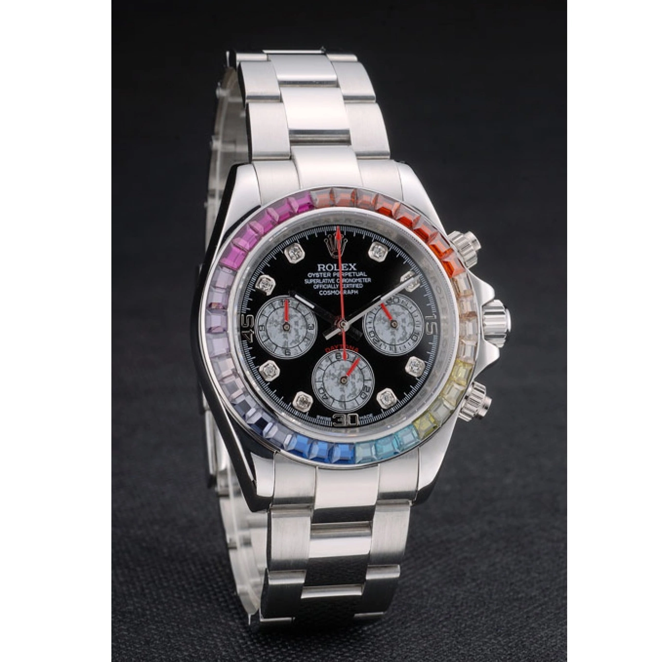 Aaa replica Rainbow 80250 Black Rolex Steep Stainless Cosmograph Dial Strap Bezel Daytona Crystals 0628